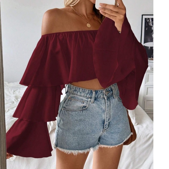 Boho Off Shoulder Ruffle Bell Long Sleeve Cropped Top - Picture 8 of 8